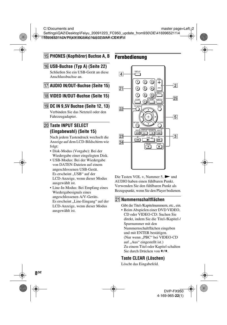 Fernbedienung | Sony DVP-FX950 User Manual | Page 76 / 216