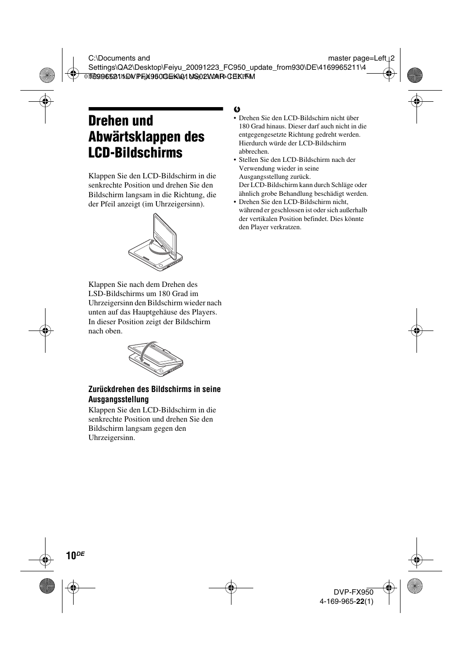 Drehen und abwärtsklappen des lcd-bildschirms | Sony DVP-FX950 User Manual | Page 78 / 216
