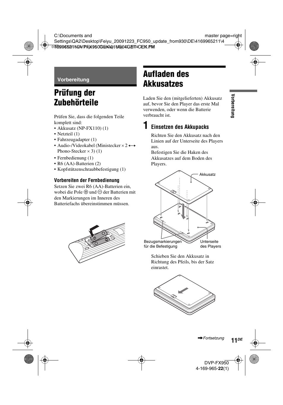 Prüfung der zubehörteile, Aufladen des akkusatzes | Sony DVP-FX950 User Manual | Page 79 / 216