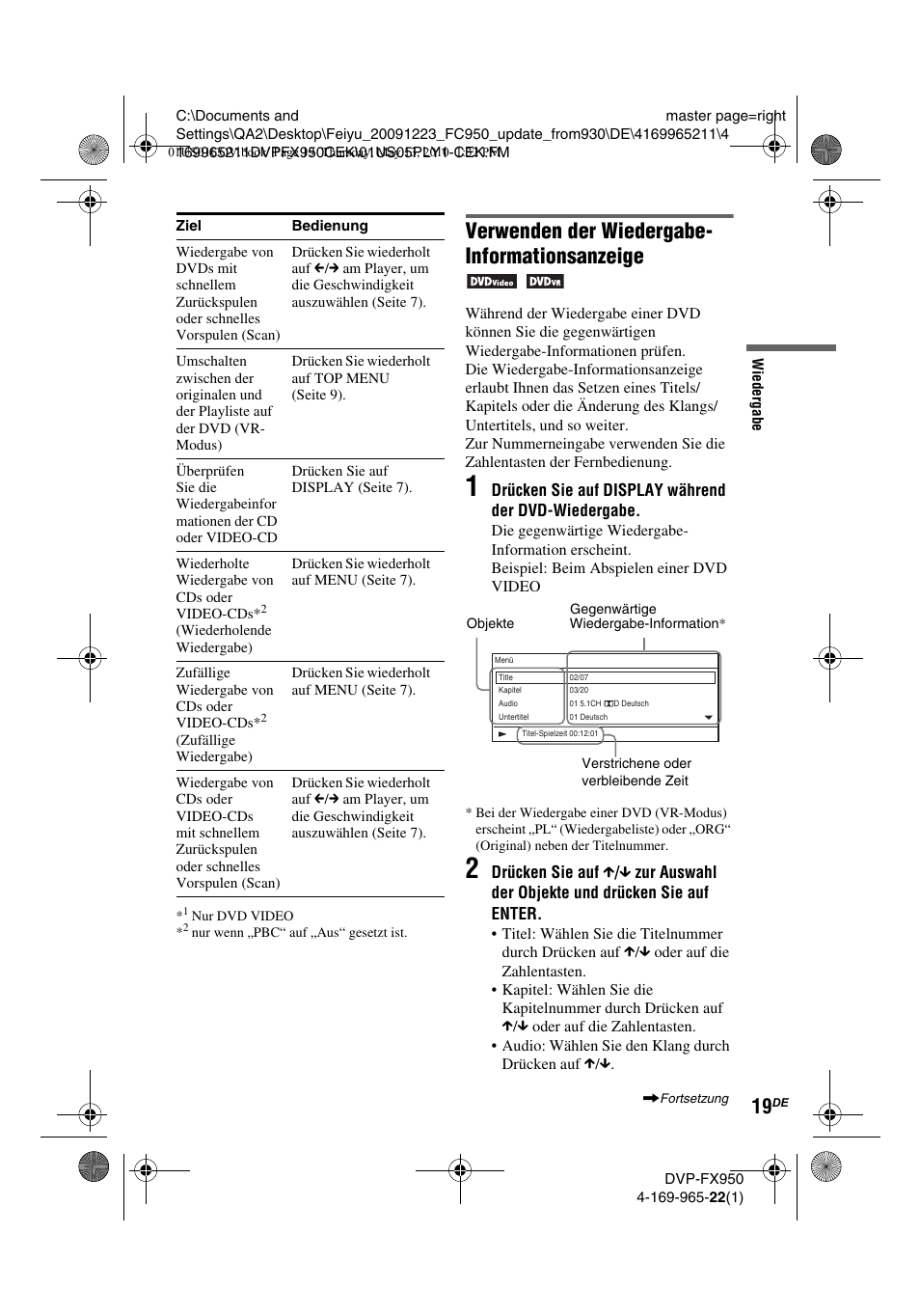 Verwenden der wiedergabe- informationsanzeige | Sony DVP-FX950 User Manual | Page 87 / 216