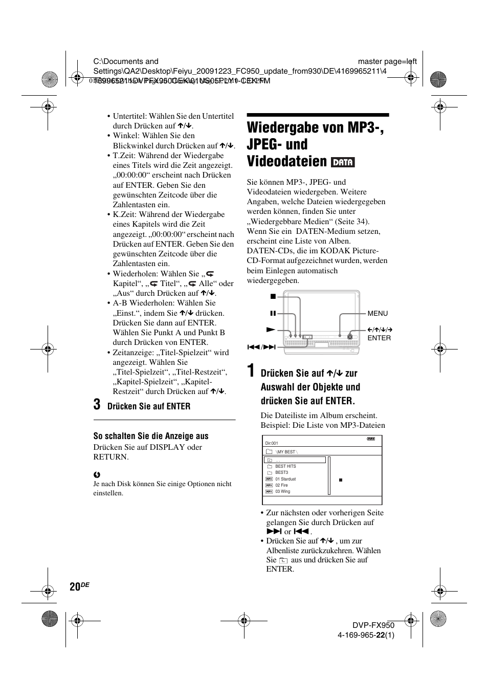 Wiedergabe von mp3-, jpeg- und videodateien | Sony DVP-FX950 User Manual | Page 88 / 216