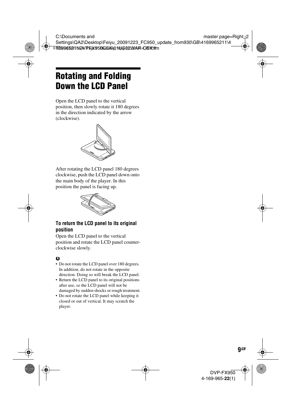 Rotating and folding down the lcd panel | Sony DVP-FX950 User Manual | Page 9 / 216
