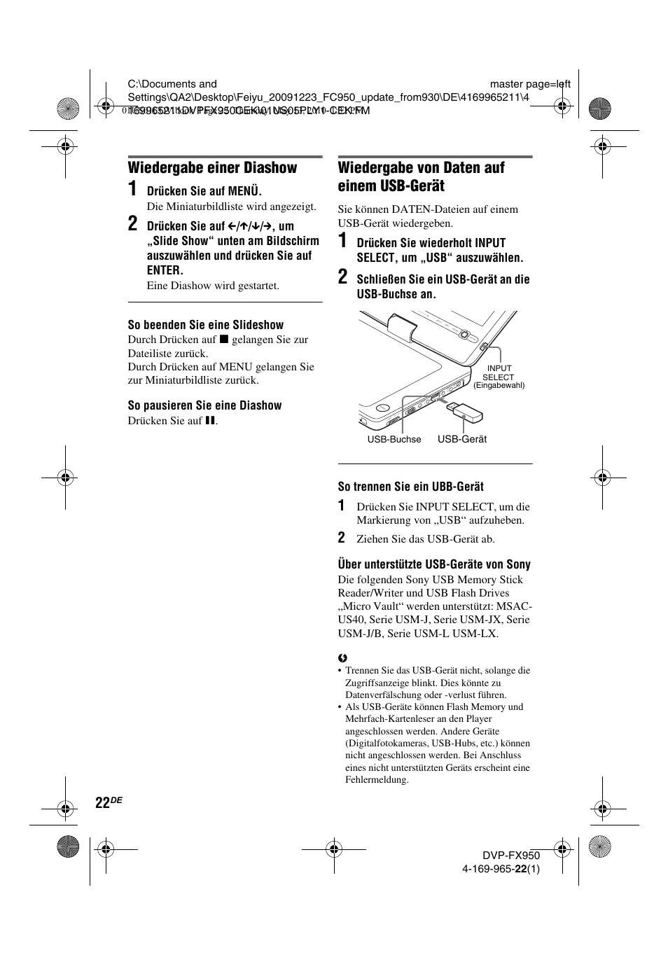 Wiedergabe einer diashow, Wiedergabe von daten auf einem usb-gerät | Sony DVP-FX950 User Manual | Page 90 / 216