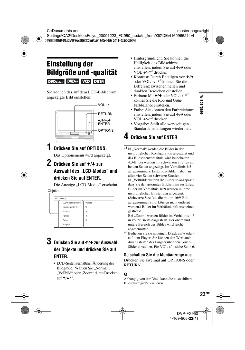 Einstellung der bildgröße und -qualität, Drücken sie auf options, Drücken sie auf enter | Sony DVP-FX950 User Manual | Page 91 / 216