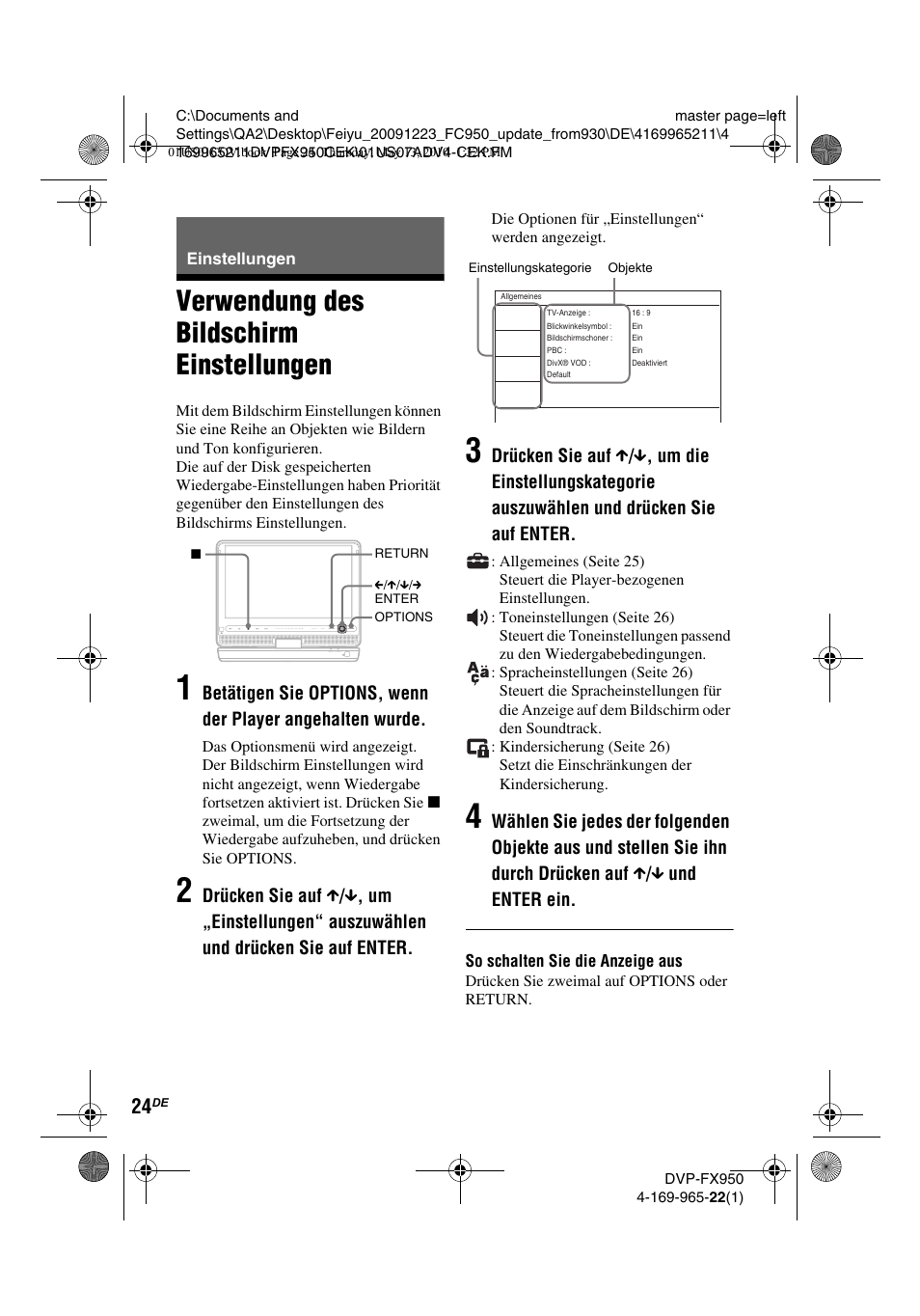 Verwendung des bildschirm einstellungen | Sony DVP-FX950 User Manual | Page 92 / 216