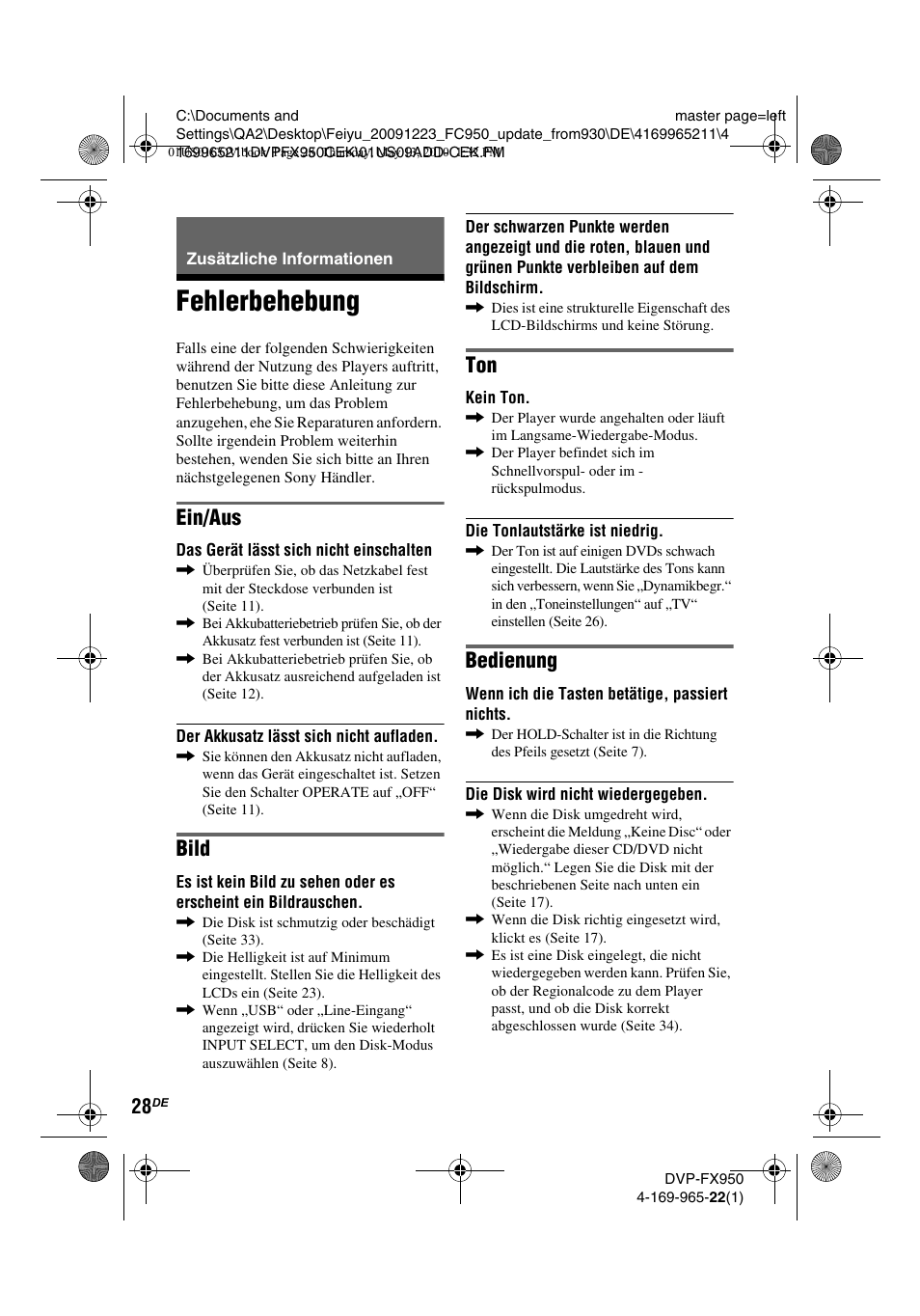 Fehlerbehebung, Ein/aus, Bild | Bedienung | Sony DVP-FX950 User Manual | Page 96 / 216