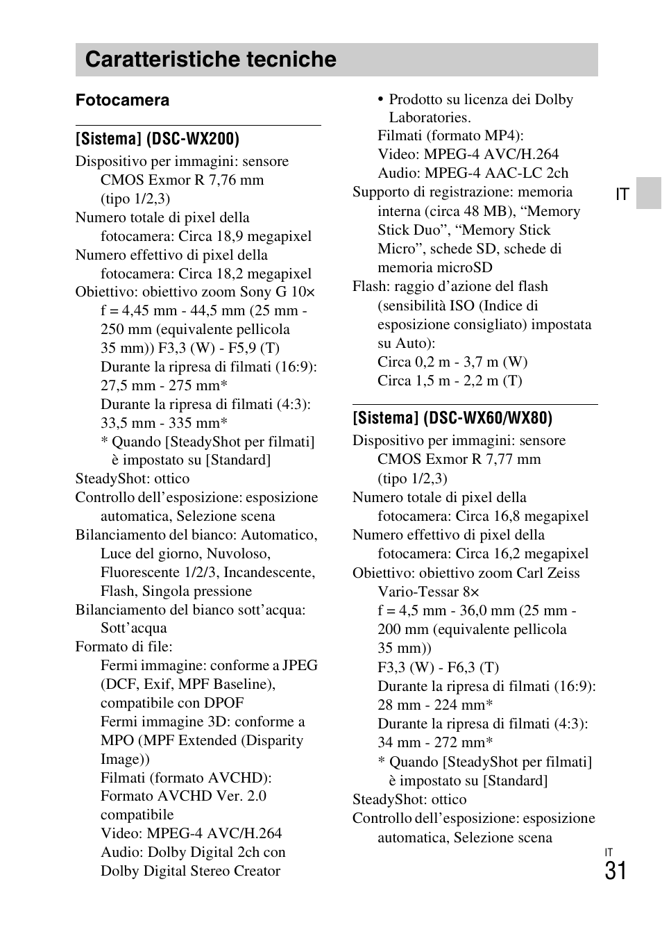 Caratteristiche tecniche | Sony DSC-WX60 User Manual | Page 101 / 611