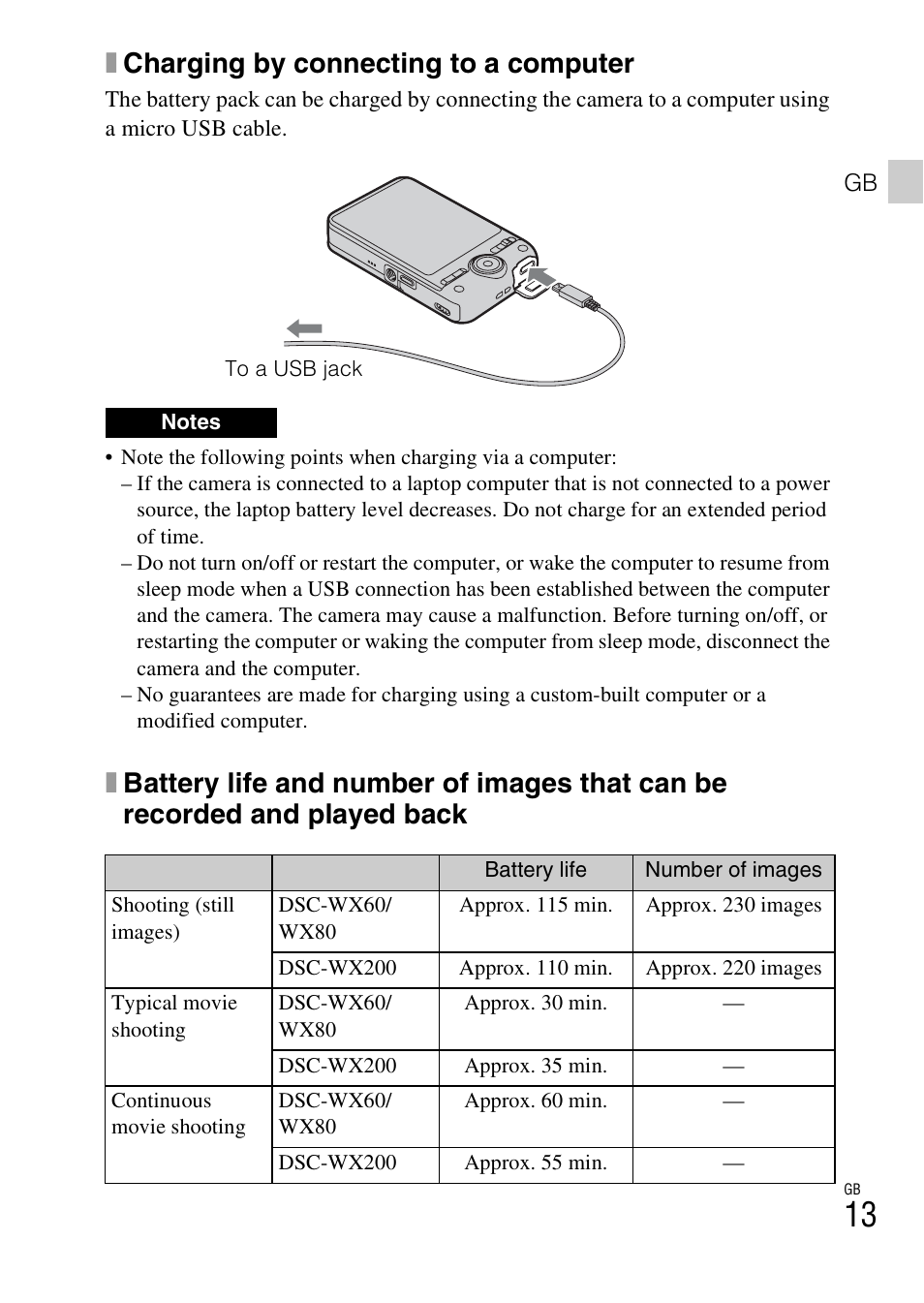 Xcharging by connecting to a computer | Sony DSC-WX60 User Manual | Page 13 / 611