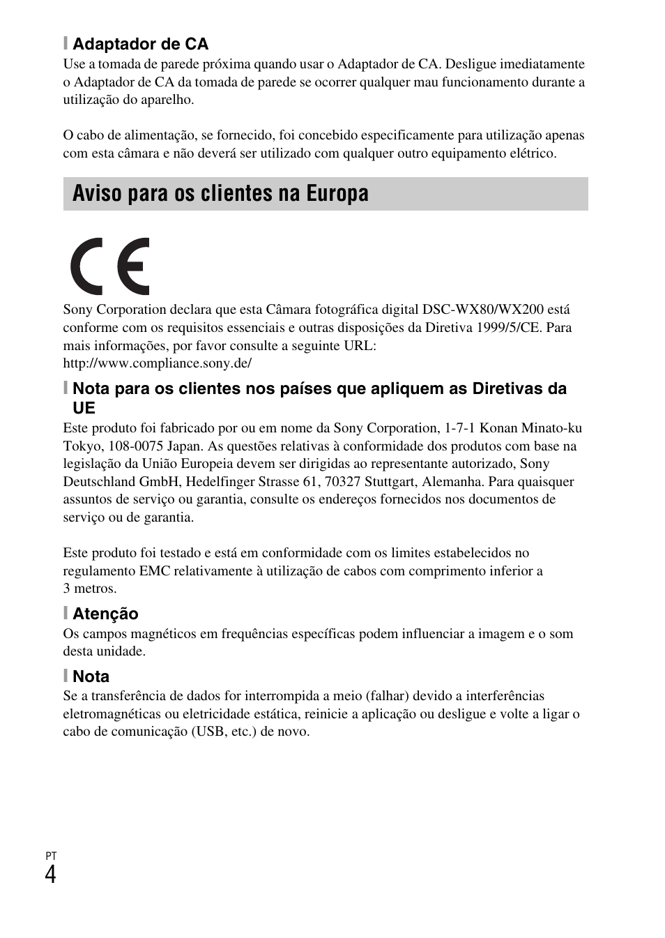 Aviso para os clientes na europa | Sony DSC-WX60 User Manual | Page 144 / 611