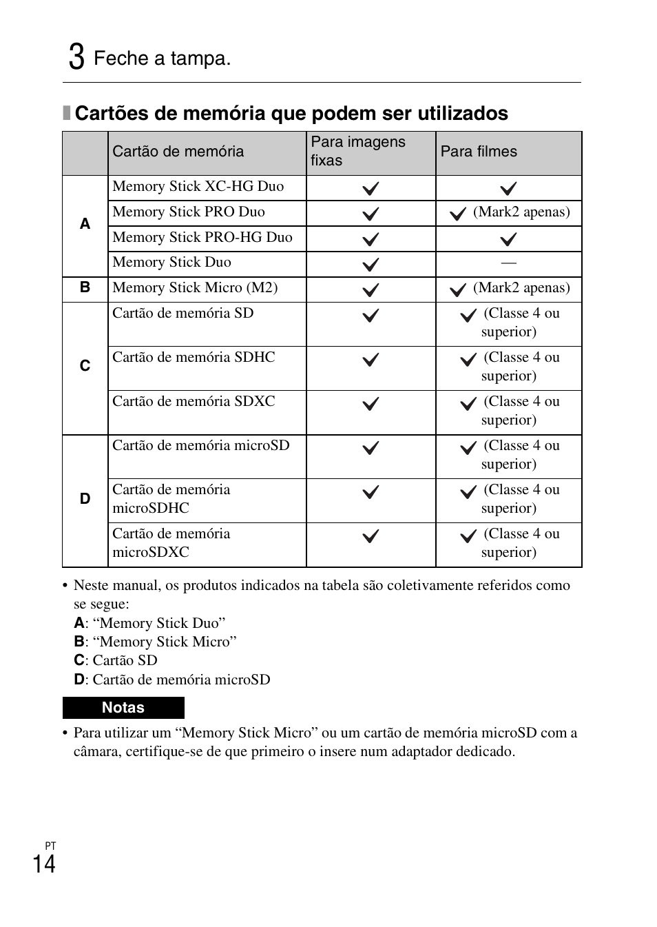 Xcartões de memória que podem ser utilizados, Feche a tampa | Sony DSC-WX60 User Manual | Page 154 / 611
