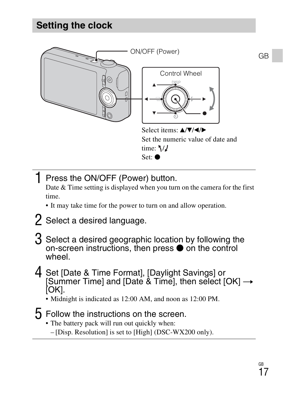 Setting the clock | Sony DSC-WX60 User Manual | Page 17 / 611