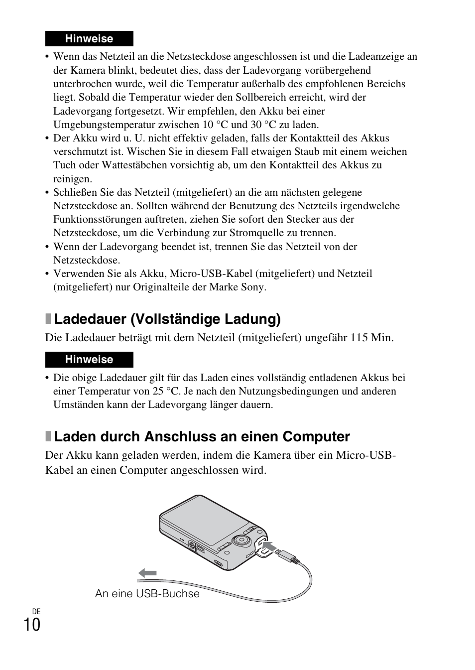 Xladedauer (vollständige ladung), Xladen durch anschluss an einen computer | Sony DSC-WX60 User Manual | Page 184 / 611