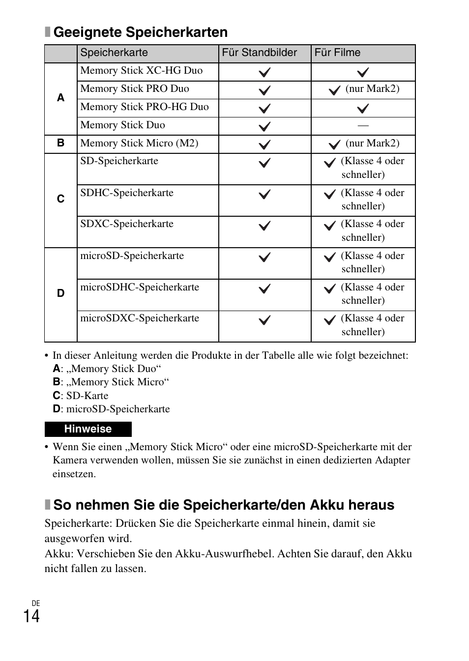 Xgeeignete speicherkarten, Xso nehmen sie die speicherkarte/den akku heraus | Sony DSC-WX60 User Manual | Page 188 / 611