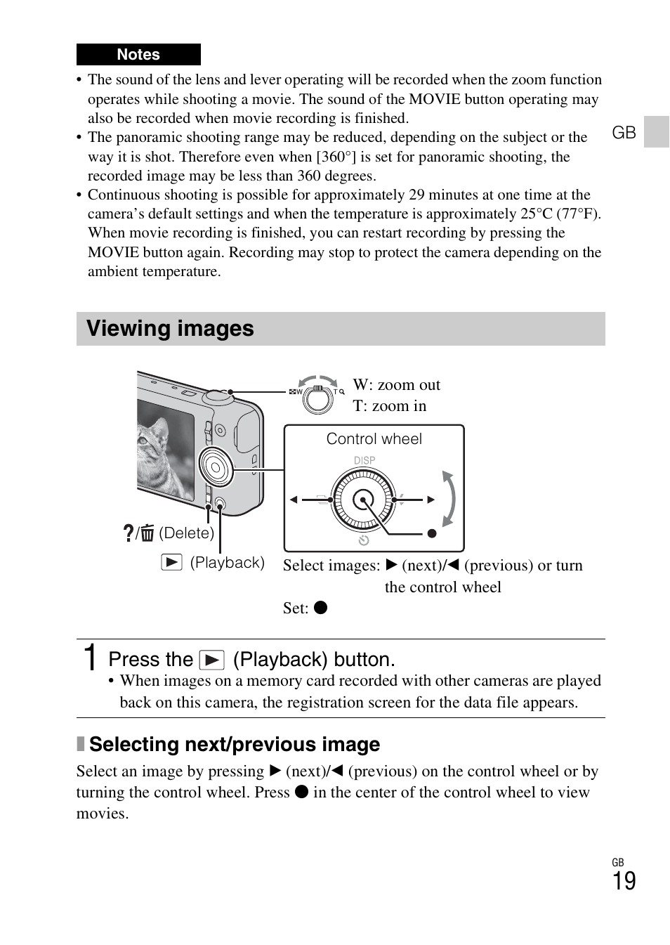 Viewing images, Xselecting next/previous image, Press the (playback) button | Sony DSC-WX60 User Manual | Page 19 / 611