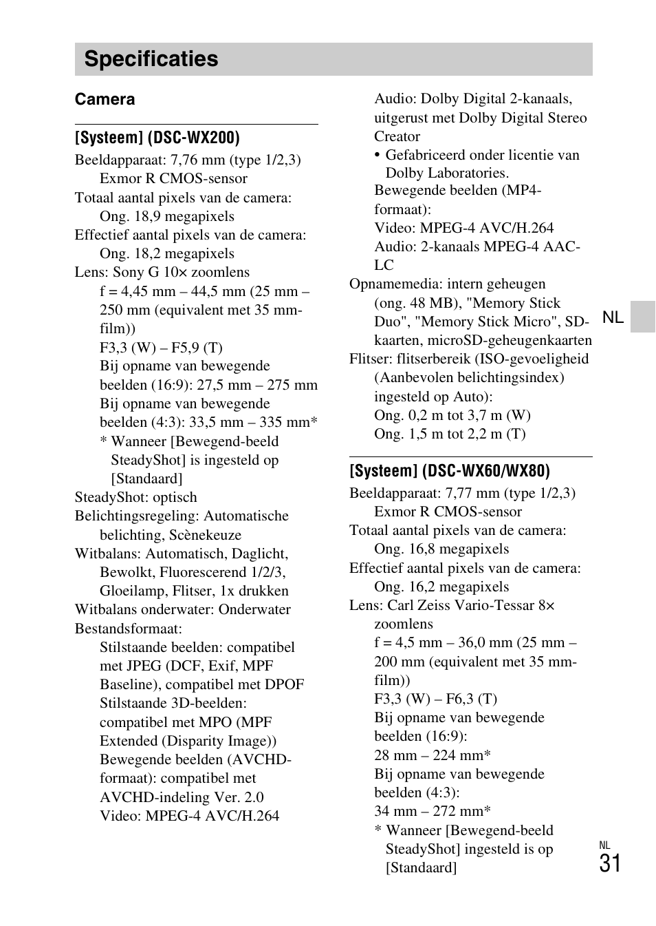 Specificaties | Sony DSC-WX60 User Manual | Page 239 / 611
