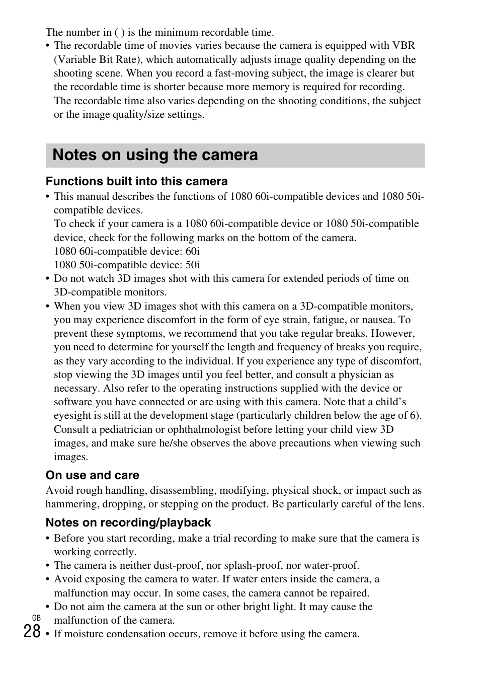 Notes on using the camera | Sony DSC-WX60 User Manual | Page 28 / 611