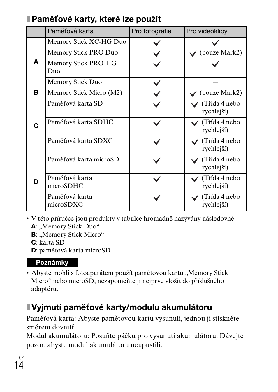 Xpaměťové karty, které lze použít, Xvyjmutí paměťové karty/modulu akumulátoru | Sony DSC-WX60 User Manual | Page 290 / 611