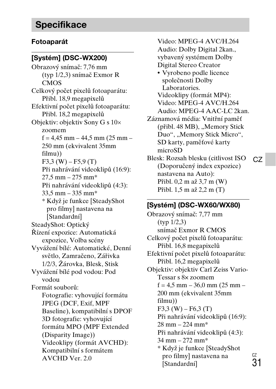 Specifikace | Sony DSC-WX60 User Manual | Page 307 / 611
