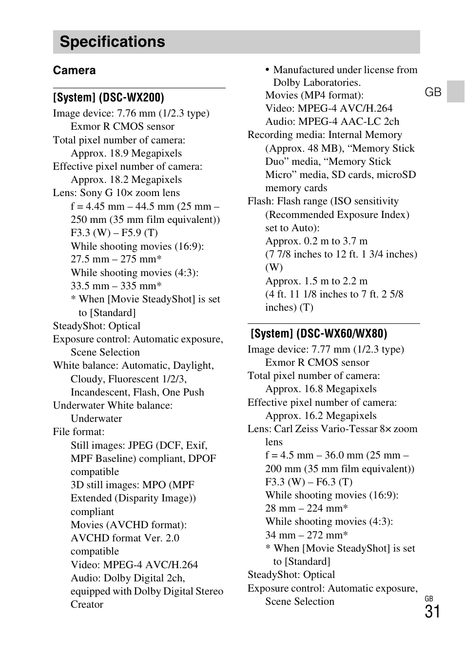 Specifications | Sony DSC-WX60 User Manual | Page 31 / 611