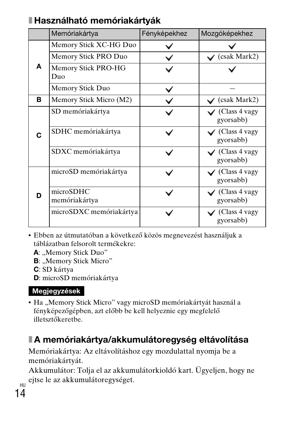 Xhasználható memóriakártyák, Xa memóriakártya/akkumulátoregység eltávolítása | Sony DSC-WX60 User Manual | Page 324 / 611