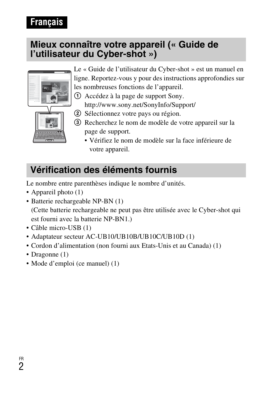 Français, Vérification des éléments fournis | Sony DSC-WX60 User Manual | Page 36 / 611
