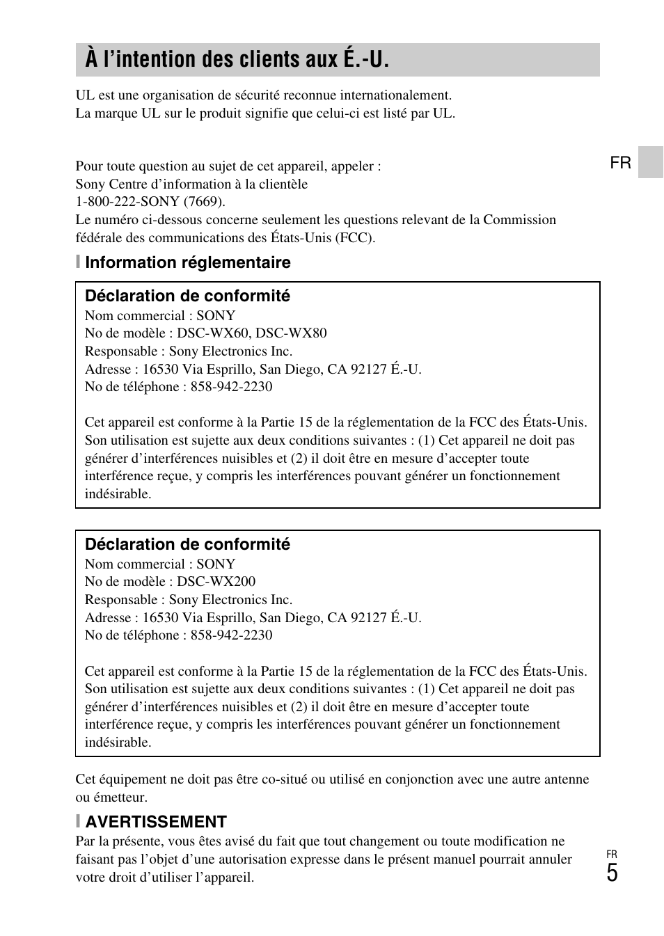 À l’intention des clients aux é.-u | Sony DSC-WX60 User Manual | Page 39 / 611
