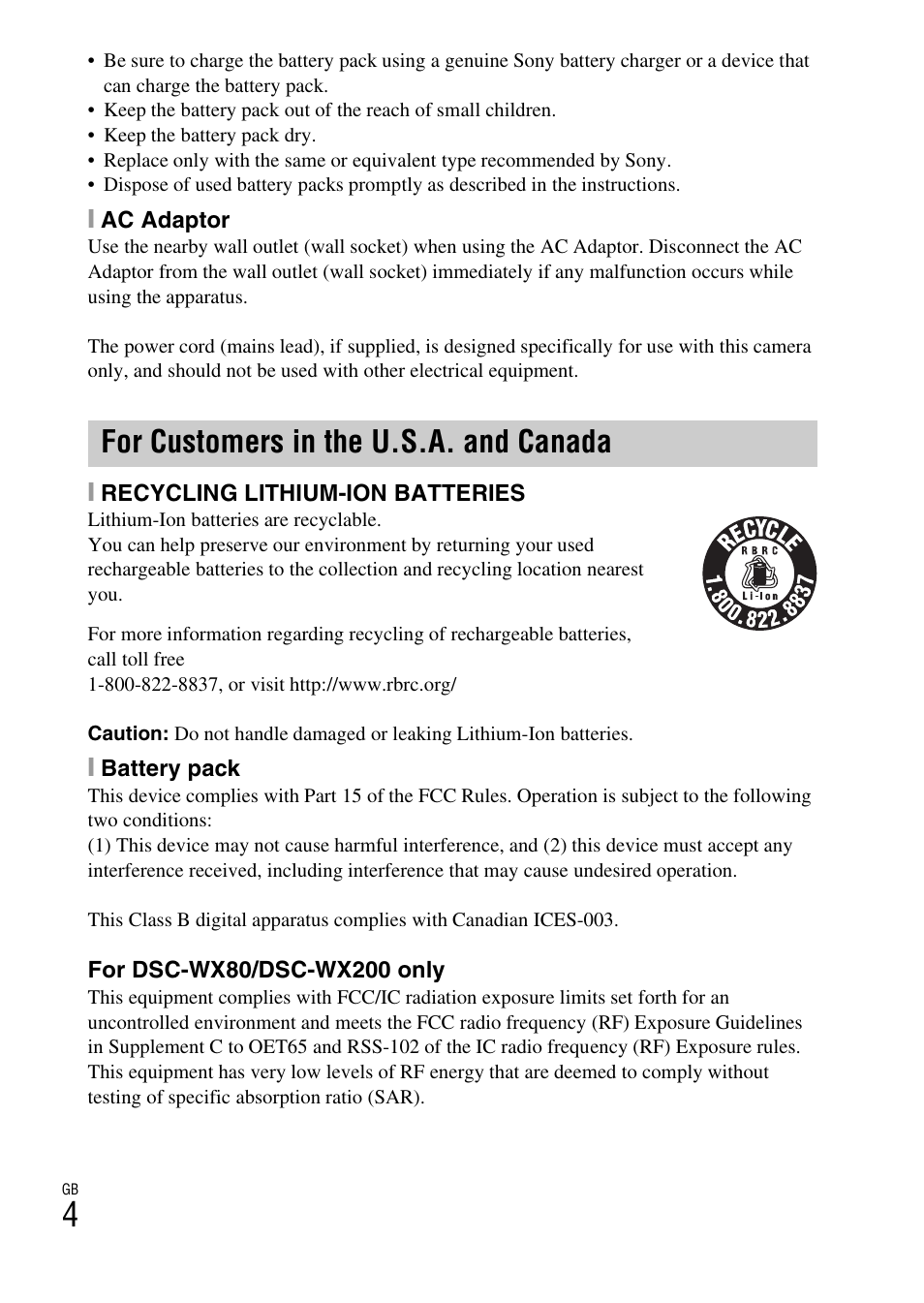 For customers in the u.s.a. and canada | Sony DSC-WX60 User Manual | Page 4 / 611