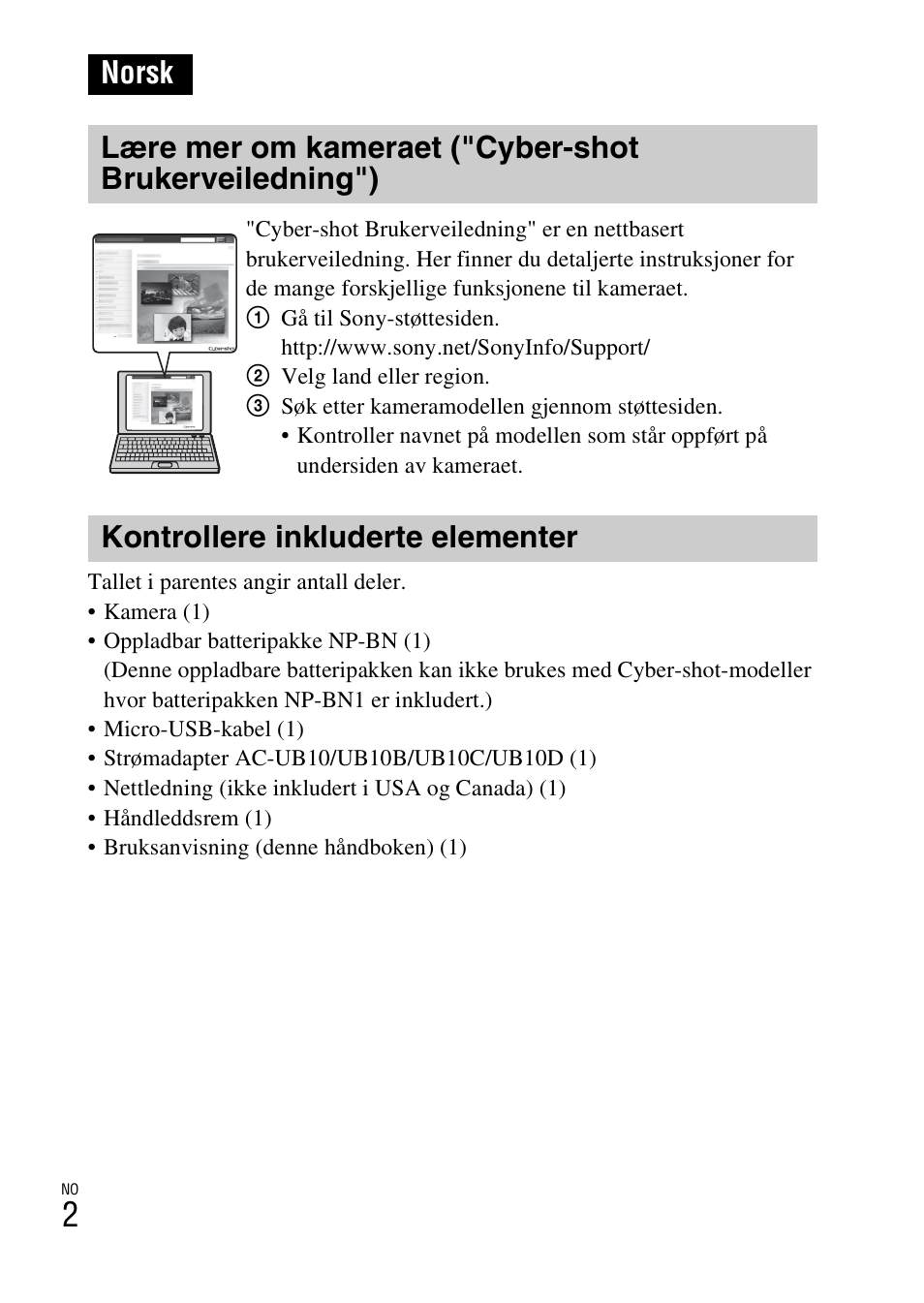 Norsk, Kontrollere inkluderte elementer | Sony DSC-WX60 User Manual | Page 442 / 611