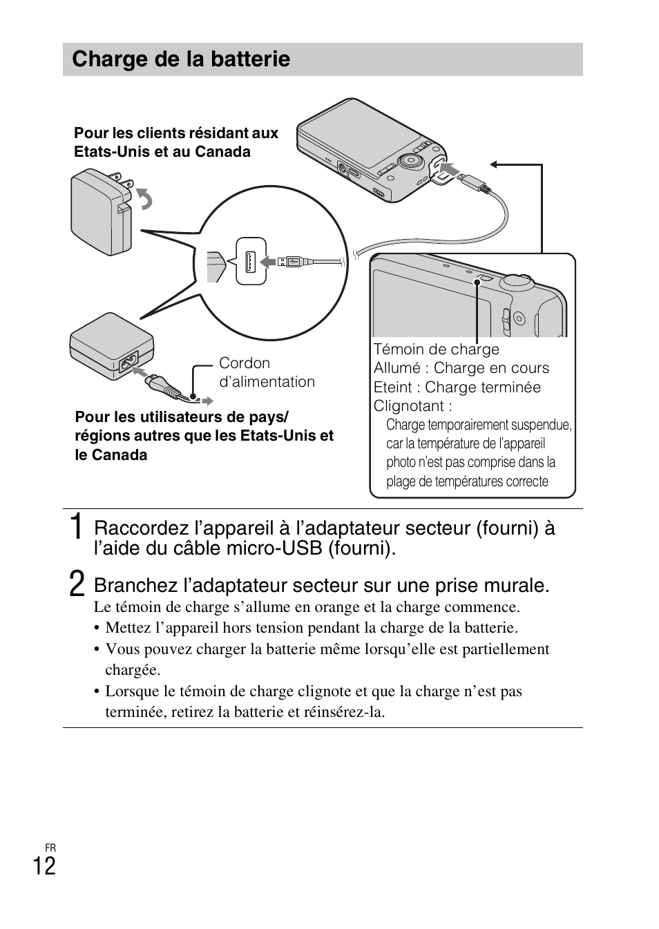 Charge de la batterie | Sony DSC-WX60 User Manual | Page 46 / 611