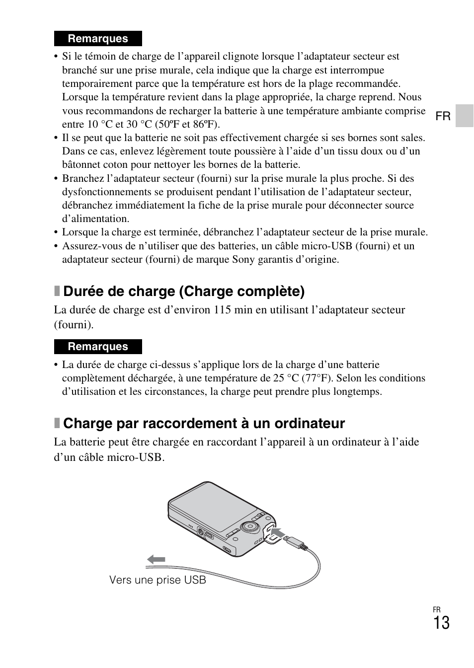 Xdurée de charge (charge complète), Xcharge par raccordement à un ordinateur | Sony DSC-WX60 User Manual | Page 47 / 611