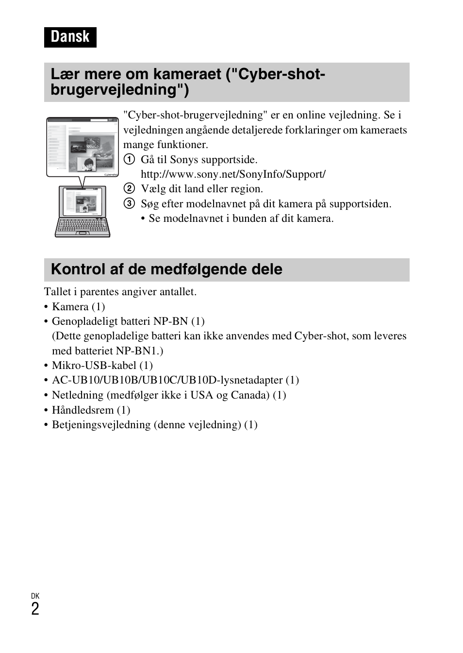 Dansk, Kontrol af de medfølgende dele | Sony DSC-WX60 User Manual | Page 474 / 611