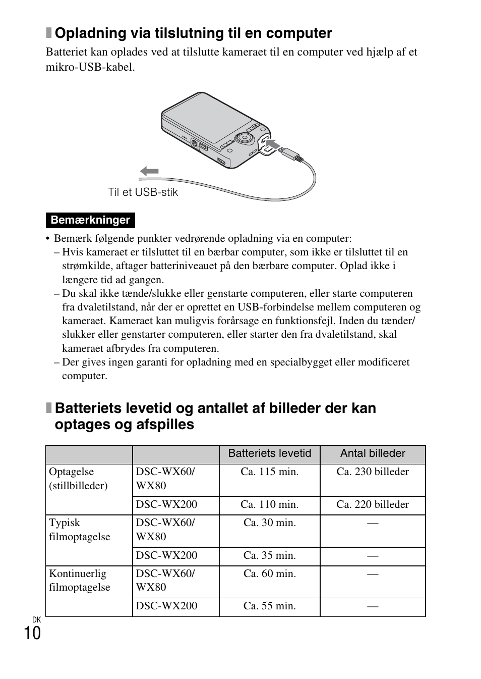 Xopladning via tilslutning til en computer | Sony DSC-WX60 User Manual | Page 482 / 611