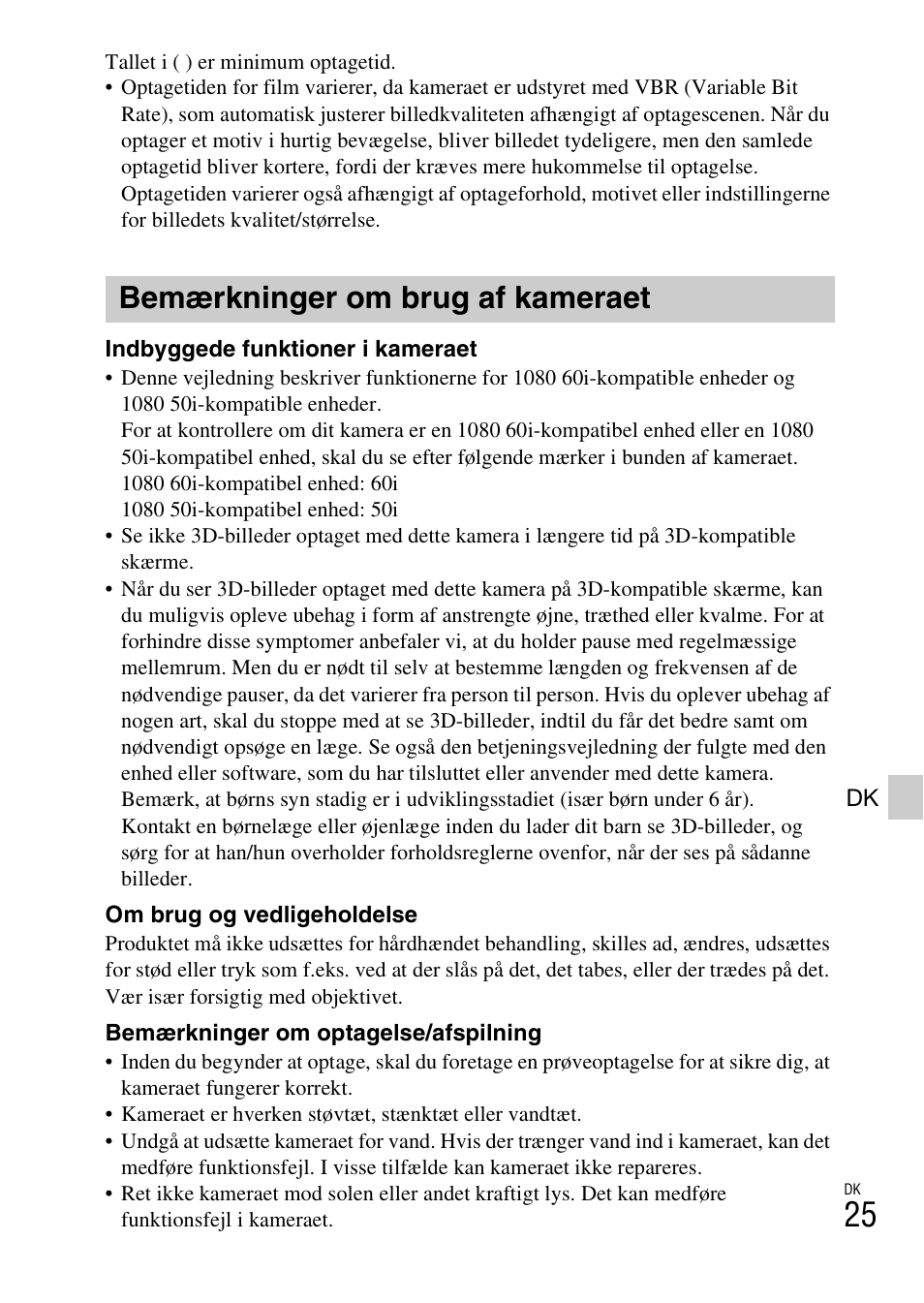 Bemærkninger om brug af kameraet | Sony DSC-WX60 User Manual | Page 497 / 611