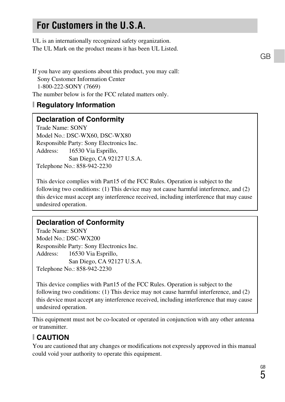 For customers in the u.s.a | Sony DSC-WX60 User Manual | Page 5 / 611