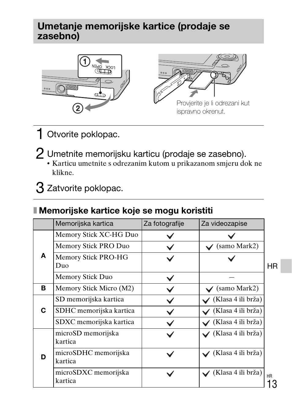 Umetanje memorijske kartice (prodaje se zasebno), Otvorite poklopac, Zatvorite poklopac | Sony DSC-WX60 User Manual | Page 515 / 611