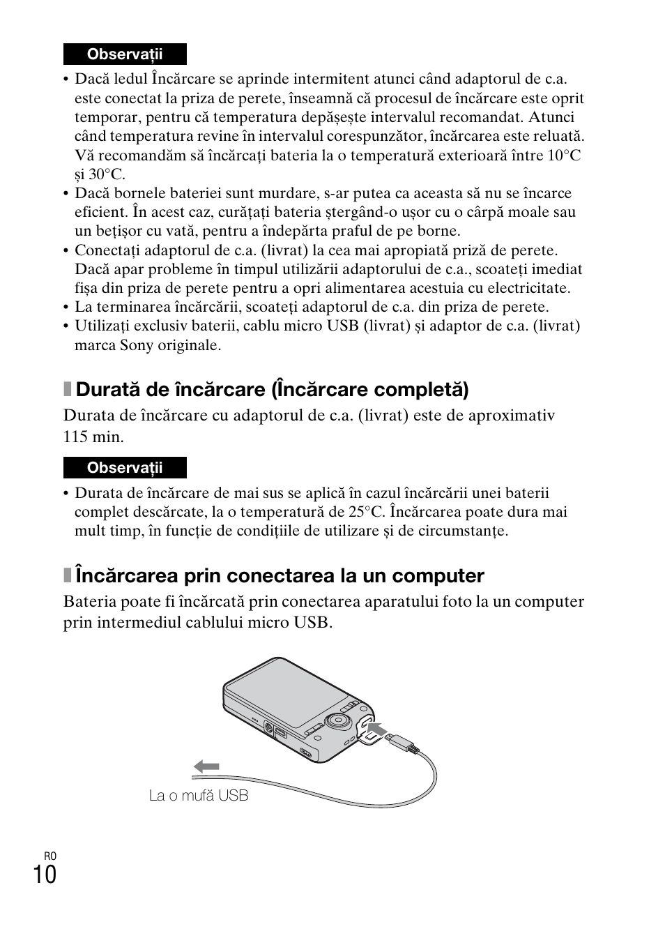 Xdurată de încărcare (încărcare completă), Xîncărcarea prin conectarea la un computer | Sony DSC-WX60 User Manual | Page 546 / 611