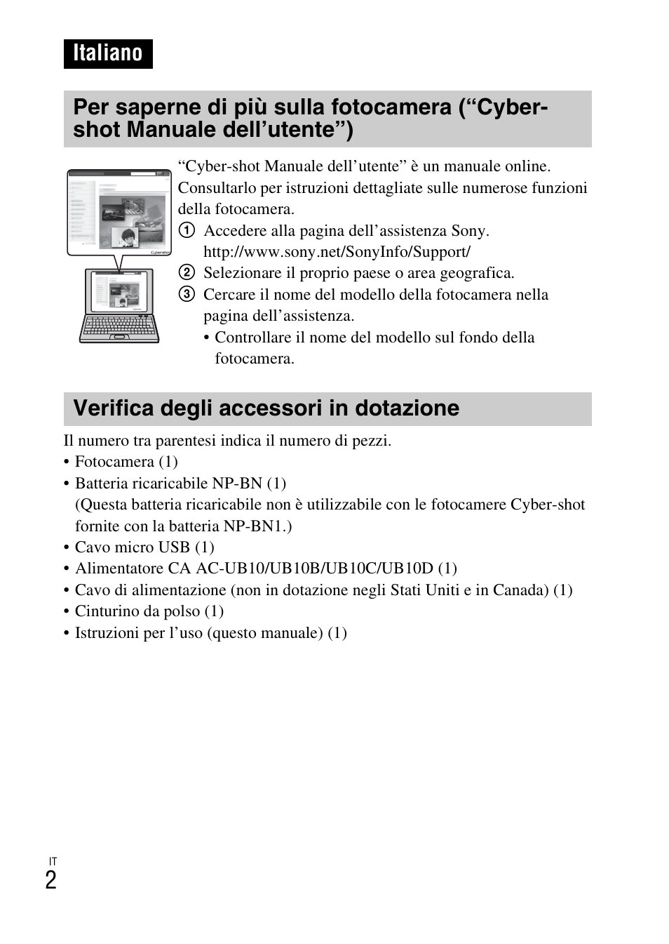Italiano, Verifica degli accessori in dotazione | Sony DSC-WX60 User Manual | Page 72 / 611