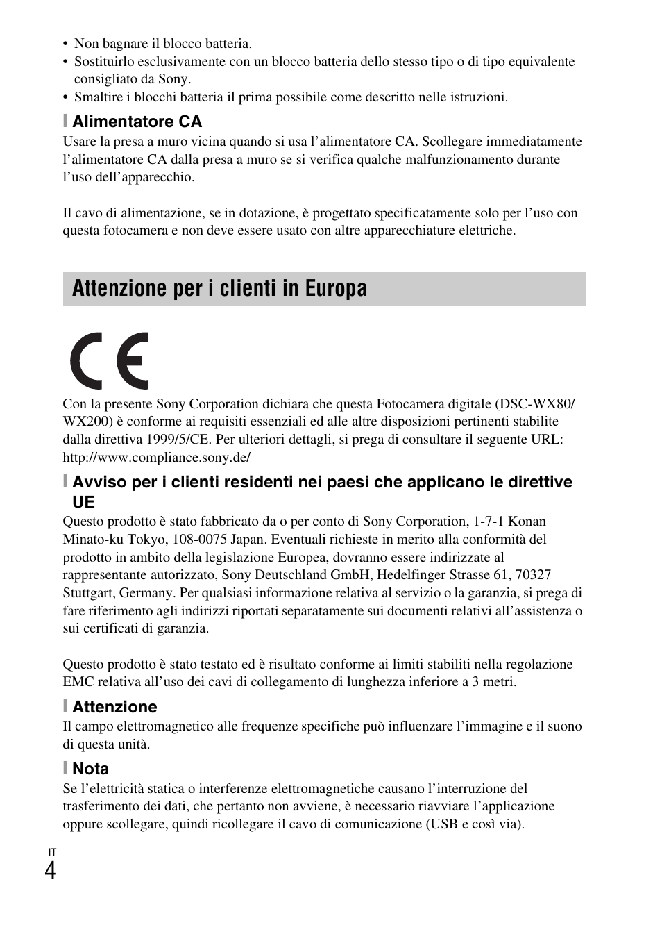 Attenzione per i clienti in europa | Sony DSC-WX60 User Manual | Page 74 / 611