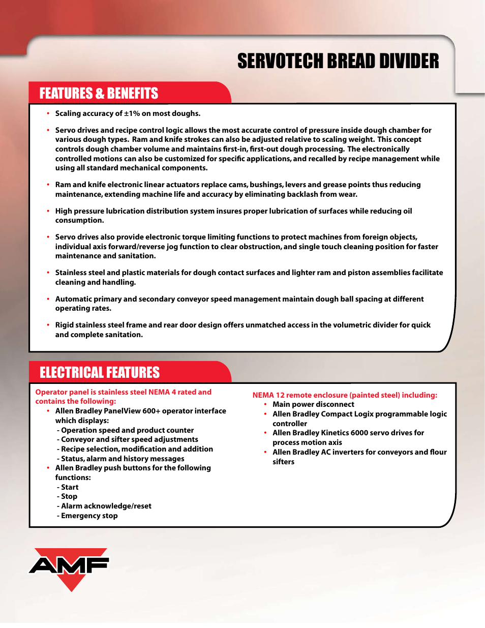 Servotech bread divider, Features, Benefits electrical features | AMF Servotech User Manual | Page 2 / 4