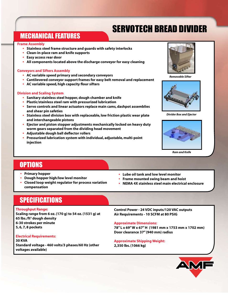 Servotech bread divider, Mechanical features options, Specifications | AMF Servotech User Manual | Page 3 / 4