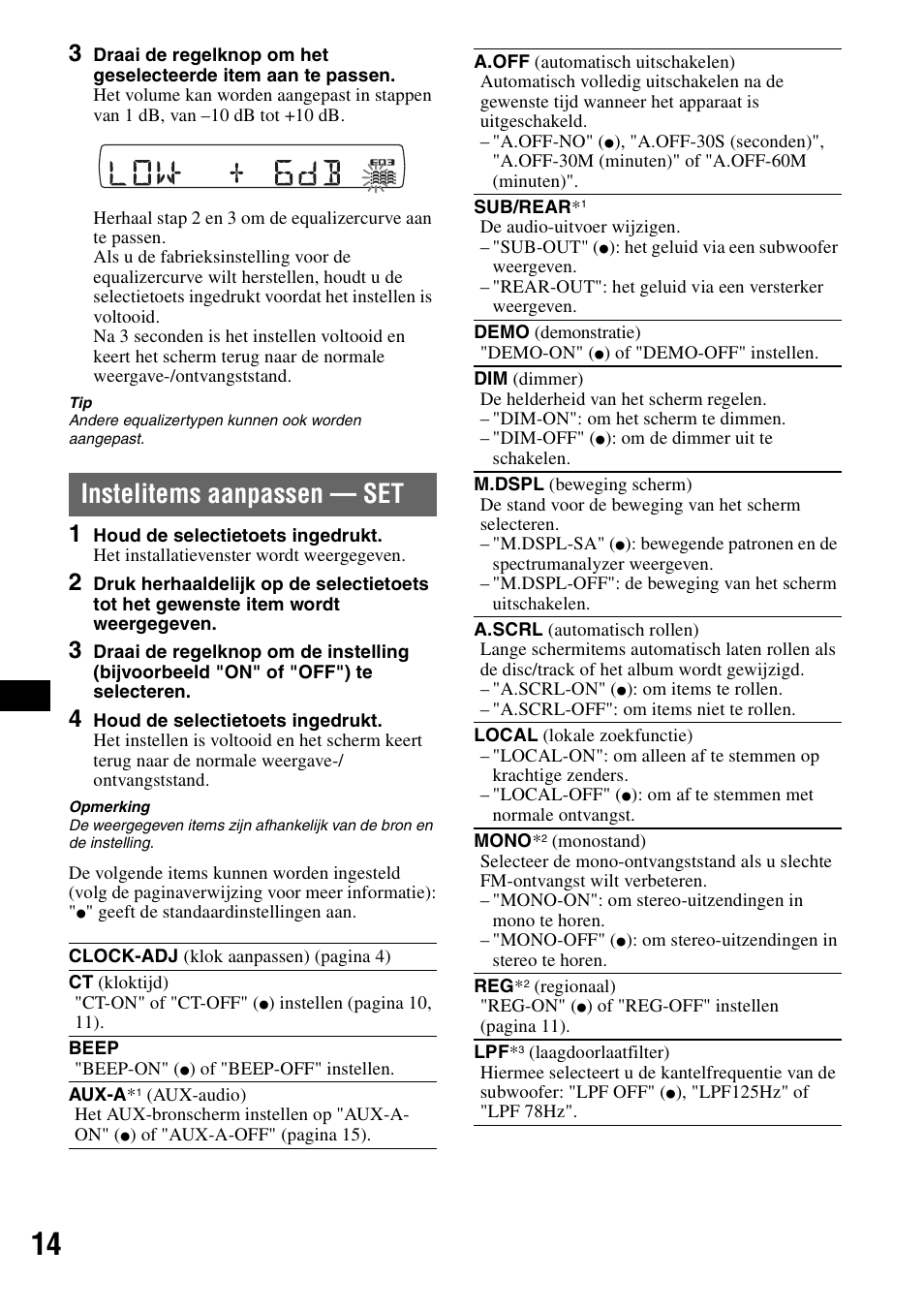 Instelitems aanpassen - set, Instelitems aanpassen — set | Sony CDX-GT420U User Manual | Page 100 / 112