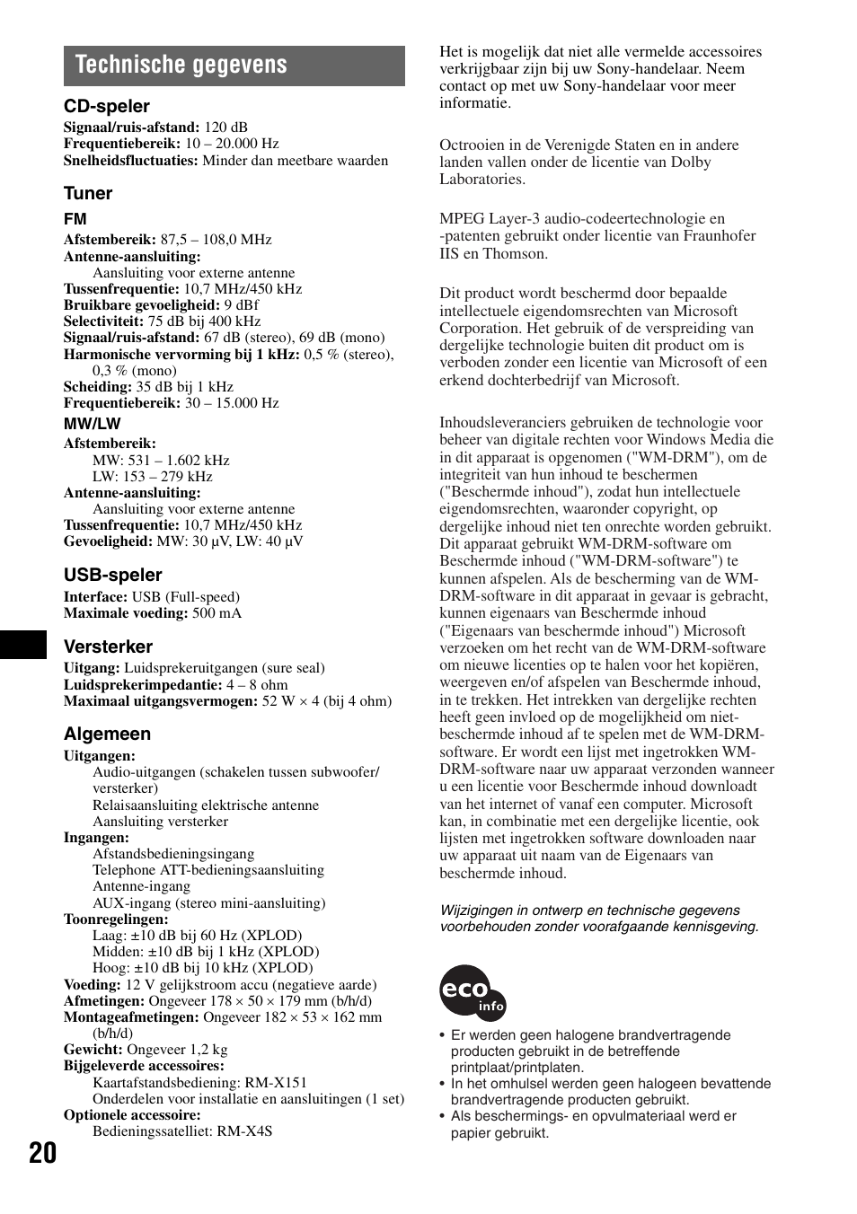 Technische gegevens | Sony CDX-GT420U User Manual | Page 106 / 112