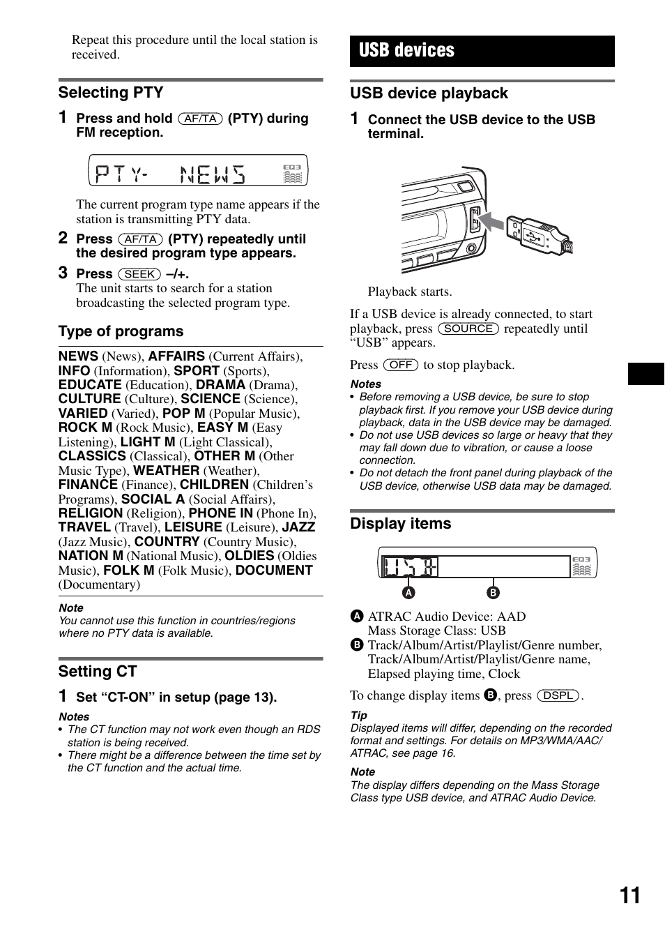 Selecting pty, Setting ct, Usb devices | Usb device playback, Display items, Selecting pty setting ct, Usb device playback display items | Sony CDX-GT420U User Manual | Page 11 / 112