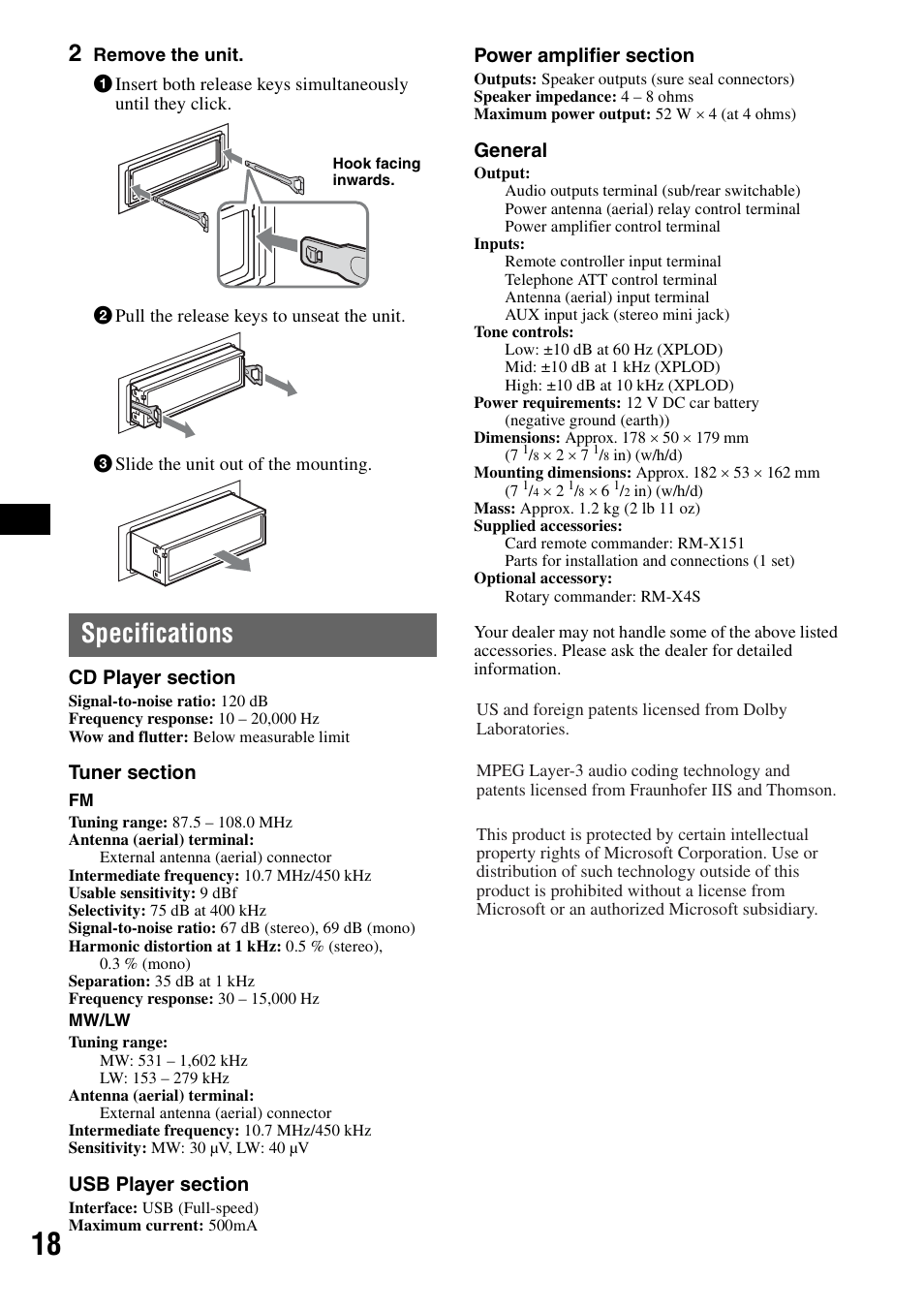 Specifications | Sony CDX-GT420U User Manual | Page 18 / 112