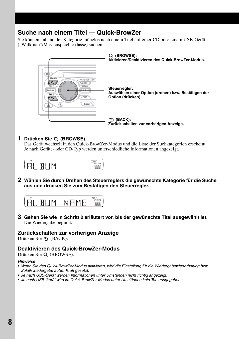 Suche nach einem titel - quick-browzer, Suche nach einem titel — quick-browzer, Seite 8 | Seite 8, 1, Zurückschalten zur vorherigen anzeige, Deaktivieren des quick-browzer-modus | Sony CDX-GT420U User Manual | Page 28 / 112