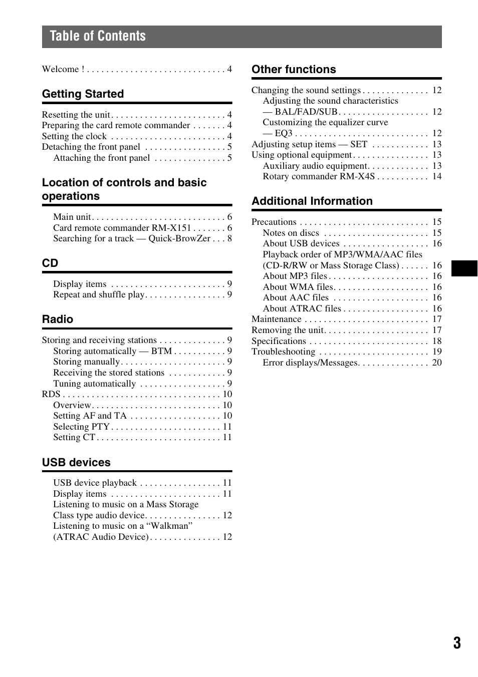 Sony CDX-GT420U User Manual | Page 3 / 112