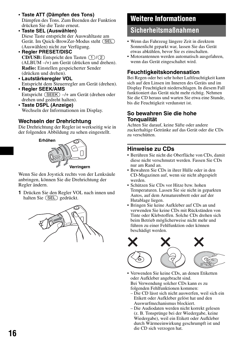 Weitere informationen, Sicherheitsmaßnahmen, Hinweise zu cds | Weitere informationen sicherheitsmaßnahmen | Sony CDX-GT420U User Manual | Page 36 / 112