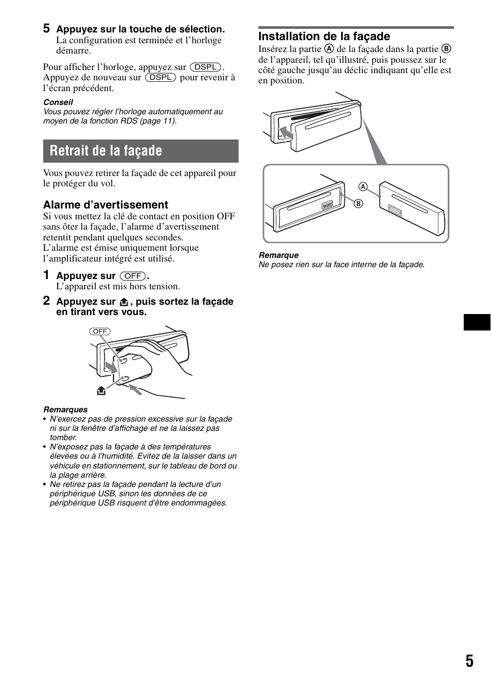 Retrait de la façade, Installation de la façade | Sony CDX-GT420U User Manual | Page 47 / 112