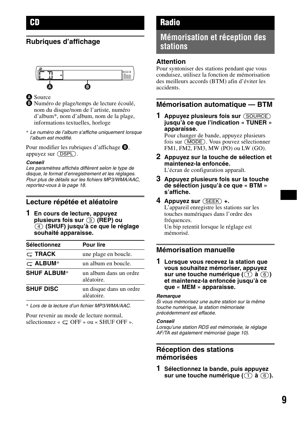 Rubriques d’affichage, Lecture répétée et aléatoire, Radio | Mémorisation et réception des stations, Mémorisation automatique - btm, Mémorisation manuelle, Réception des stations mémorisées, Rubriques d’affichage lecture répétée et aléatoire, Radio mémorisation et réception des stations | Sony CDX-GT420U User Manual | Page 51 / 112