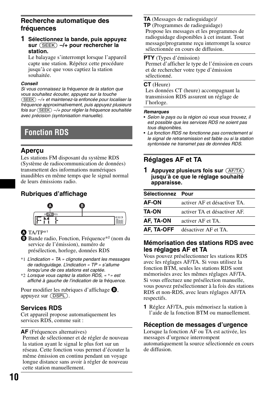 Recherche automatique des fréquences, Fonction rds, Aperçu | Réglages af et ta, Aperçu réglages af et ta | Sony CDX-GT420U User Manual | Page 52 / 112